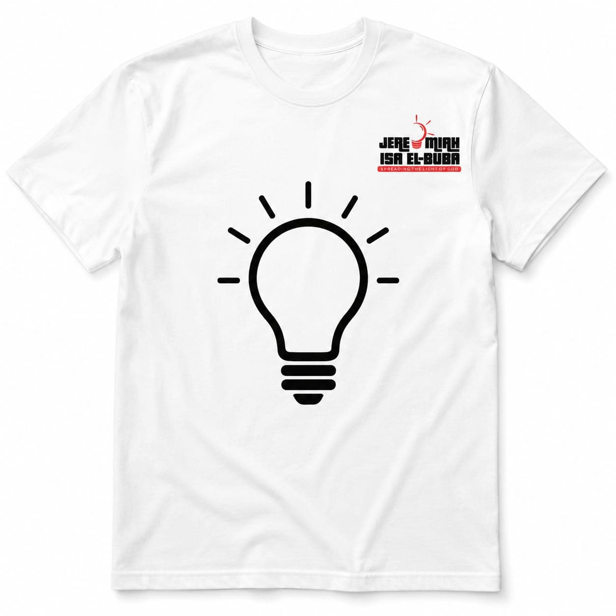 Spreading the Light tee — front view with lightbulb graphic and chest logo
