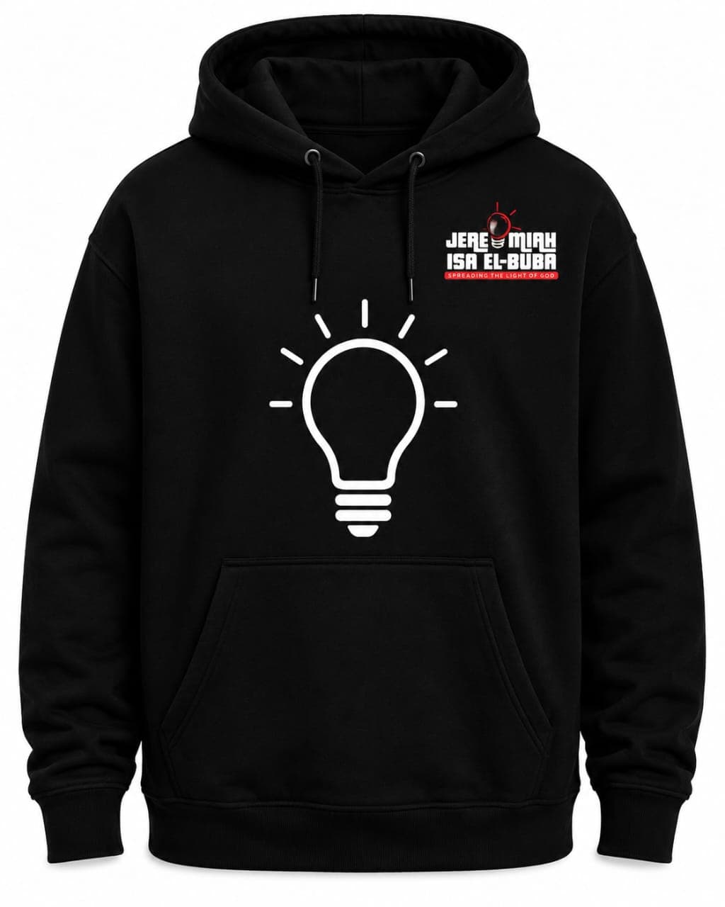 Spreading the Light hoodie — front view with lightbulb graphic and chest logo